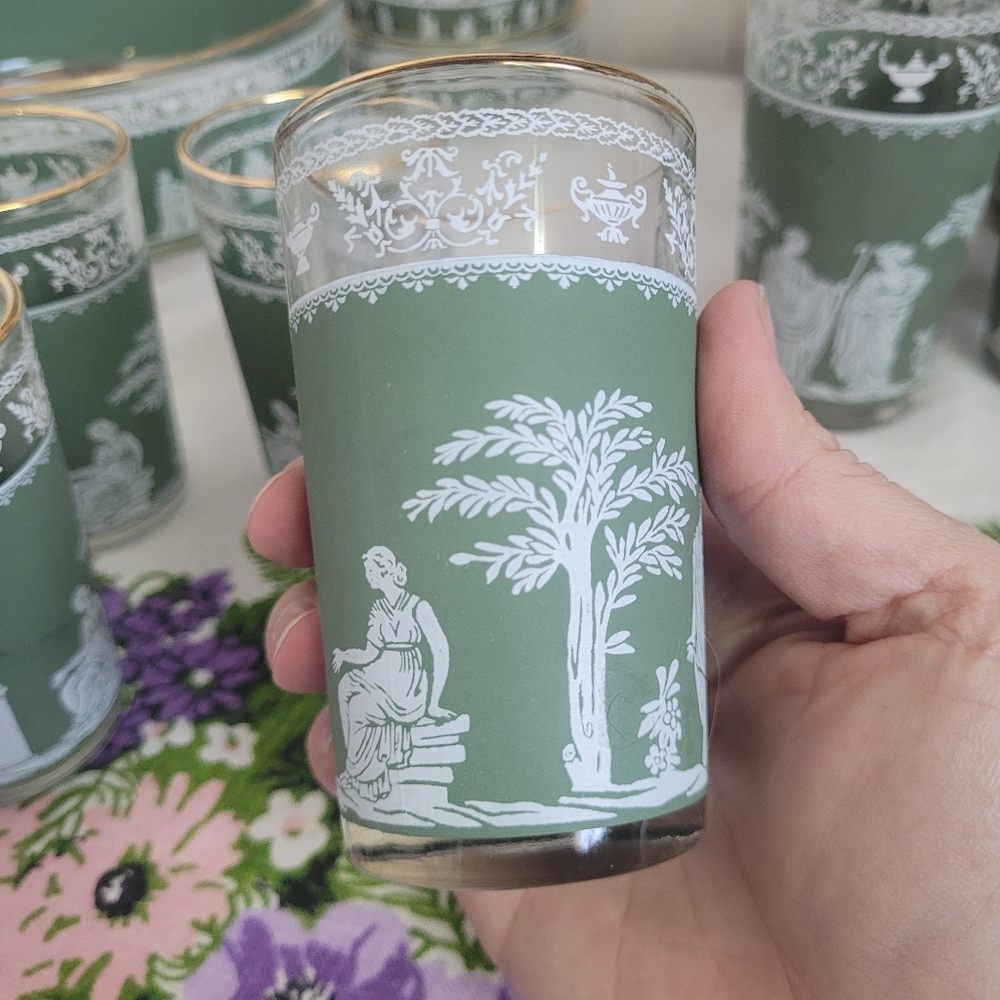 Vintage Jeannette Glasses Set Of 4 Hellenic Green Jasperware Gold Rim - Picture 4 of 12